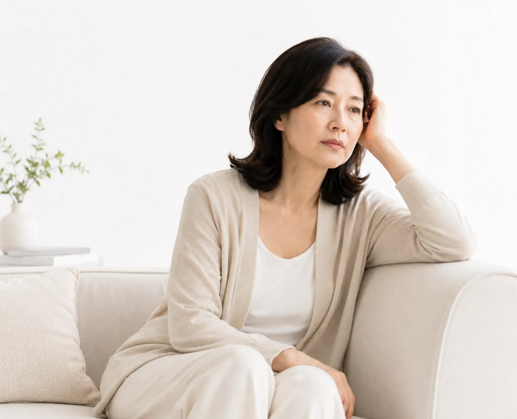 이마에 손수건을 대고 갱년기 열감을 느끼는 중년 여성
